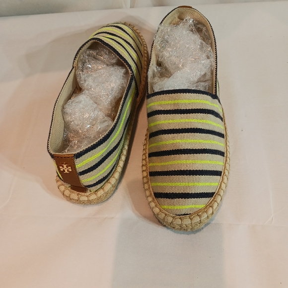 Tory Burch Espadrille Multicolor Striped Canvas Flats Size 10 Yellow Navy Cream - Picture 5 of 8